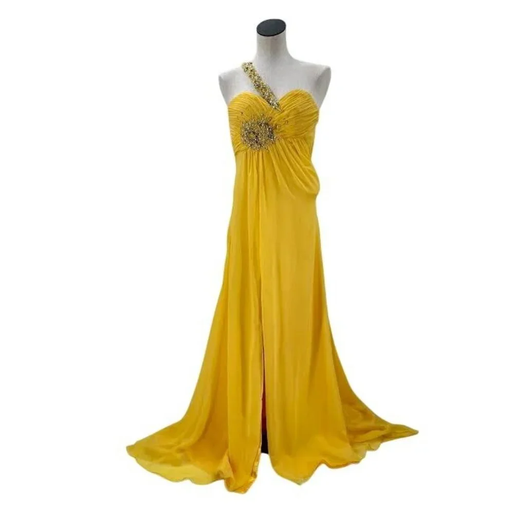 Sunshine Yellow Chiffon Draped Asymmetrical Strap Formal Gown - Picture 8 of 8